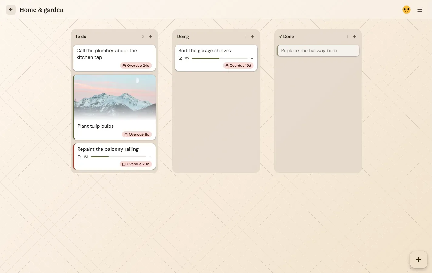 Lists and cards: Drag cards between lists; quick-add a few at once.